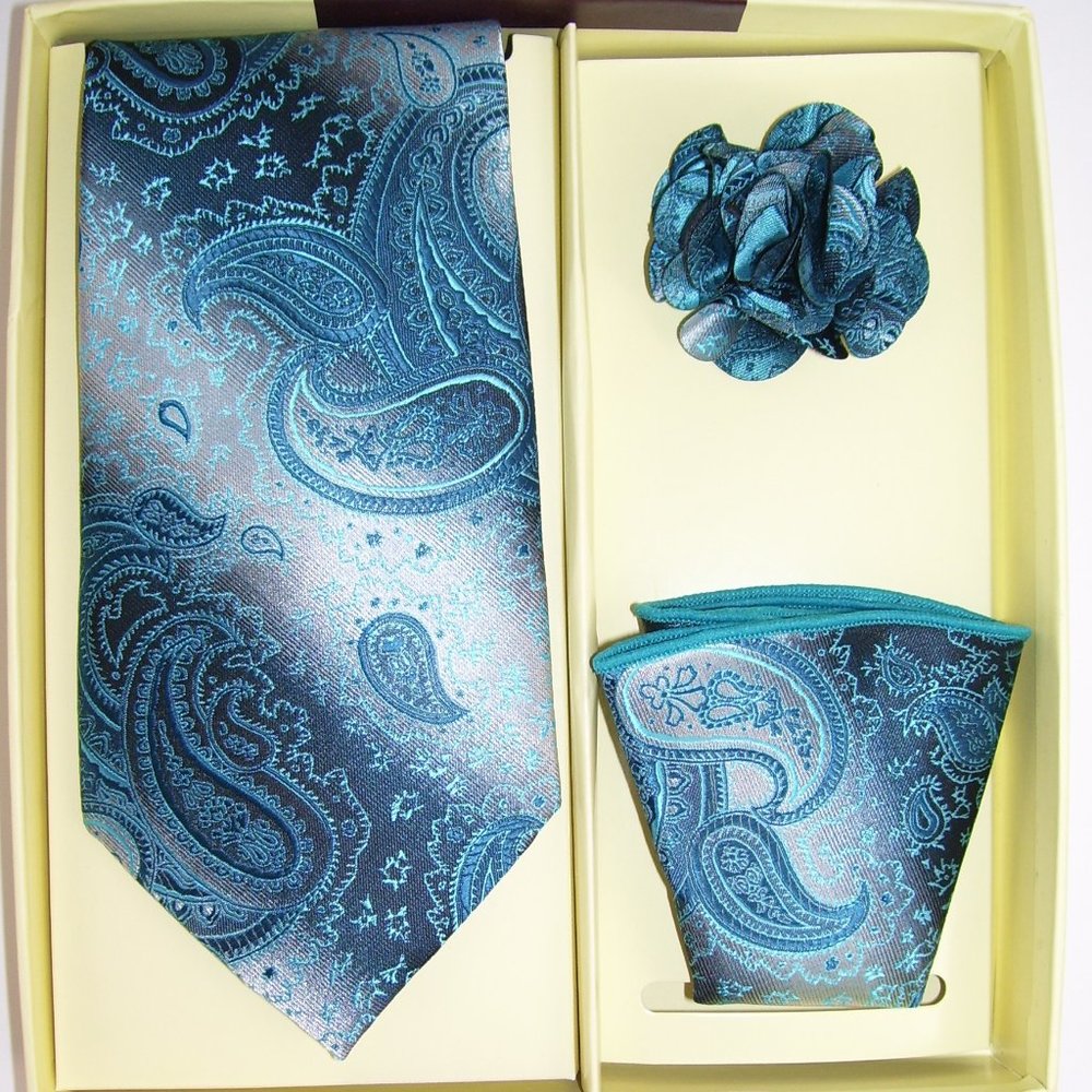 St. Patrick Blue Paisley Necktie Hanky Flower Set